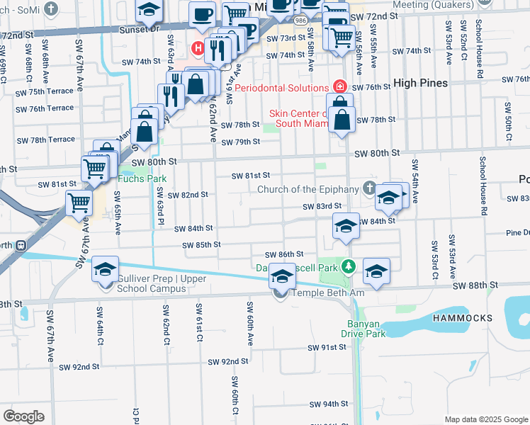 map of restaurants, bars, coffee shops, grocery stores, and more near 8391 Southwest 60th Avenue in South Miami