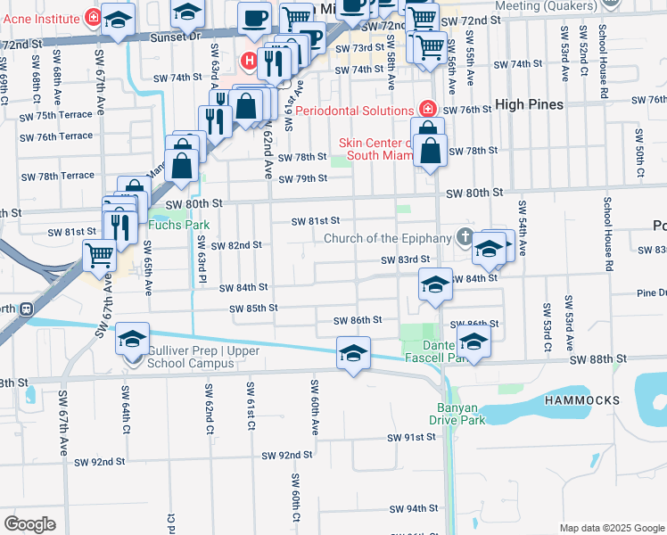 map of restaurants, bars, coffee shops, grocery stores, and more near 8391 Southwest 60th Avenue in South Miami