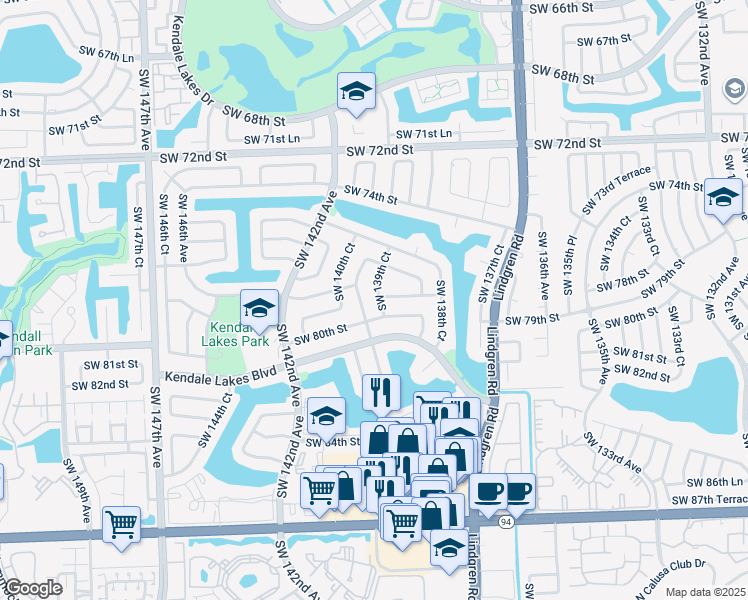 map of restaurants, bars, coffee shops, grocery stores, and more near 7915 Southwest 140th Avenue in Miami
