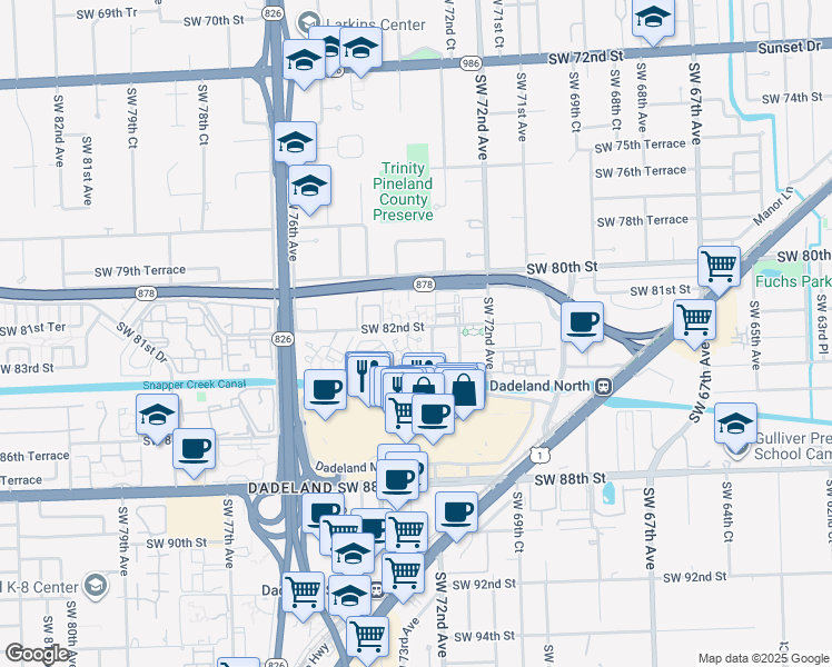 map of restaurants, bars, coffee shops, grocery stores, and more near 7324 Southwest 82nd Street in Miami