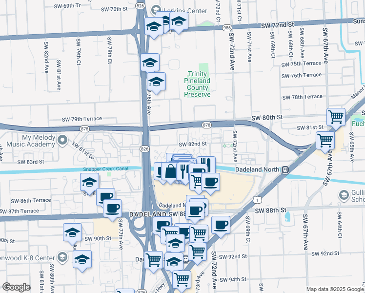 map of restaurants, bars, coffee shops, grocery stores, and more near 7520 Southwest 82nd Street in Miami