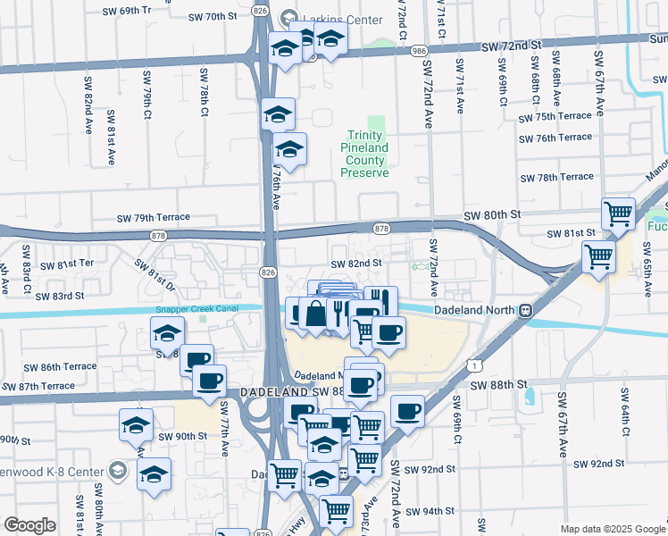 map of restaurants, bars, coffee shops, grocery stores, and more near 7520 Southwest 82nd Street in Miami