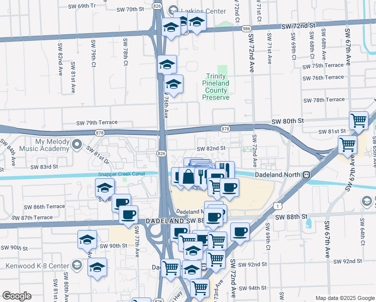 map of restaurants, bars, coffee shops, grocery stores, and more near 7520 Southwest 82nd Street in Miami