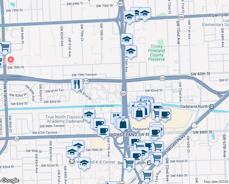 map of restaurants, bars, coffee shops, grocery stores, and more near Southwest 82nd Street in Miami