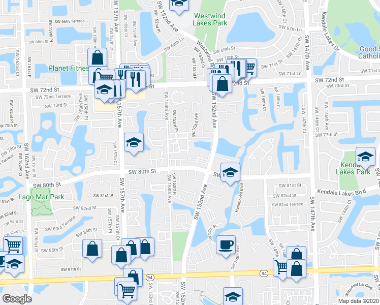 map of restaurants, bars, coffee shops, grocery stores, and more near 7699 Southwest 153rd Court in Miami
