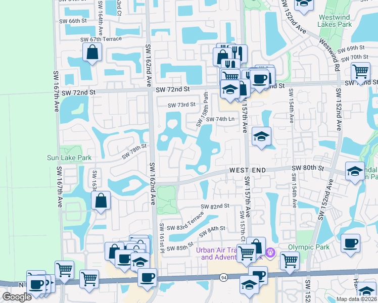 map of restaurants, bars, coffee shops, grocery stores, and more near 15861 Southwest 78th Street in Miami