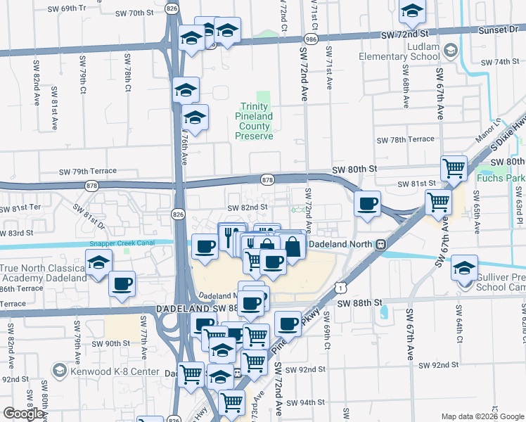 map of restaurants, bars, coffee shops, grocery stores, and more near 7324 Southwest 82nd Street in Miami