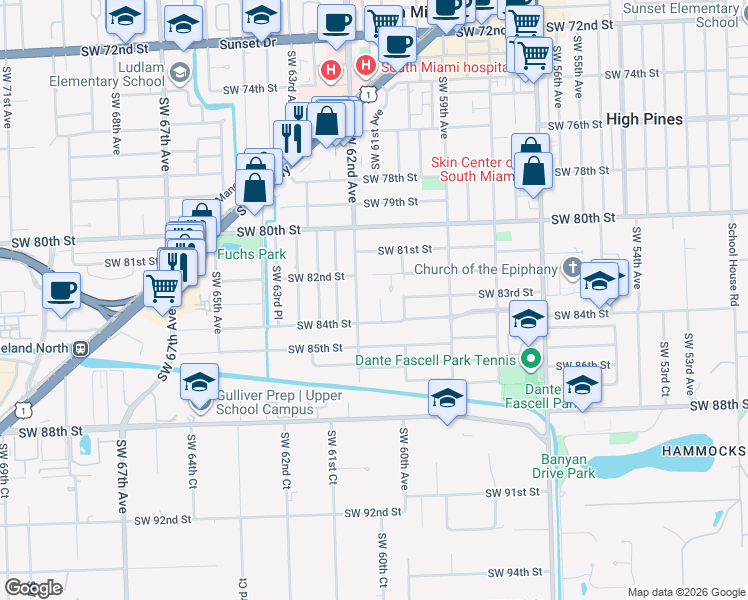 map of restaurants, bars, coffee shops, grocery stores, and more near 8360 Southwest 61st Avenue in South Miami