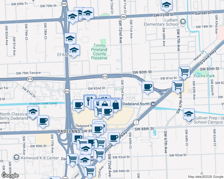 map of restaurants, bars, coffee shops, grocery stores, and more near 8250 Southwest 72nd Court in Miami