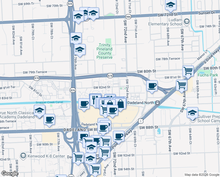 map of restaurants, bars, coffee shops, grocery stores, and more near 7324 Southwest 82nd Street in Miami