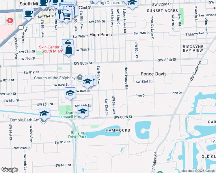 map of restaurants, bars, coffee shops, grocery stores, and more near 5350 Southwest 84th Street in Miami