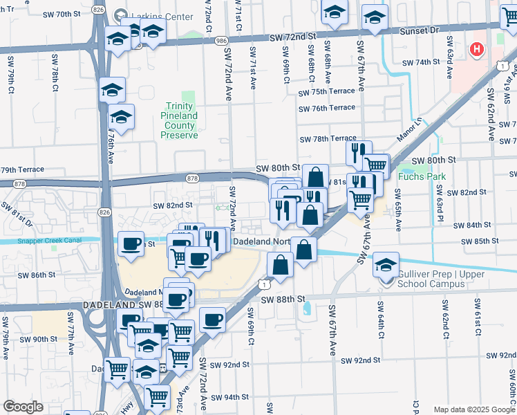 map of restaurants, bars, coffee shops, grocery stores, and more near 8217 Southwest 72nd Avenue in Miami