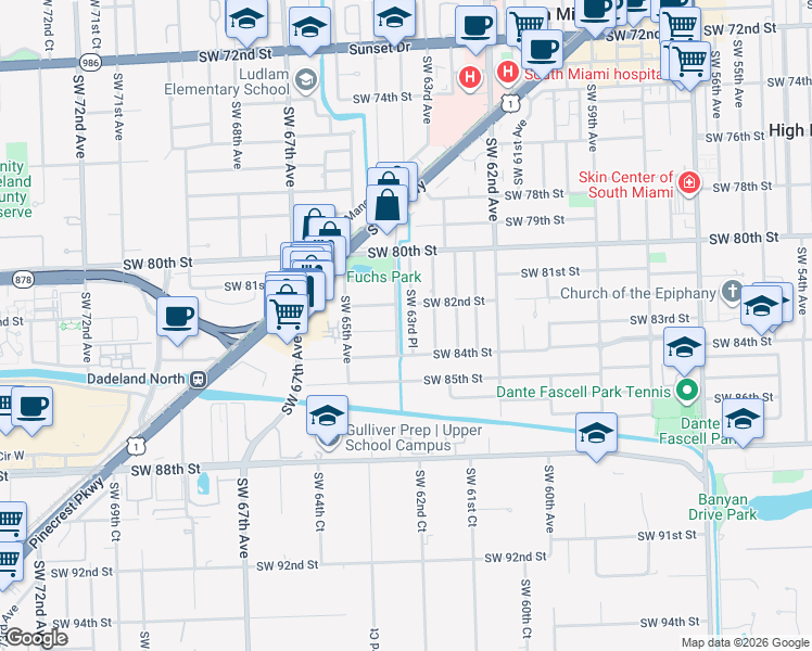 map of restaurants, bars, coffee shops, grocery stores, and more near 8310 Southwest 63rd Place in Miami