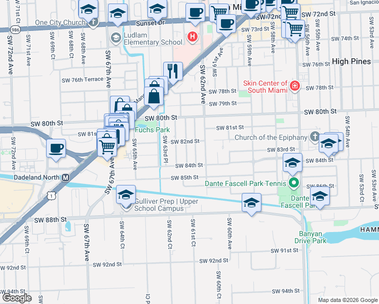 map of restaurants, bars, coffee shops, grocery stores, and more near 8310 Southwest 62nd Place in South Miami