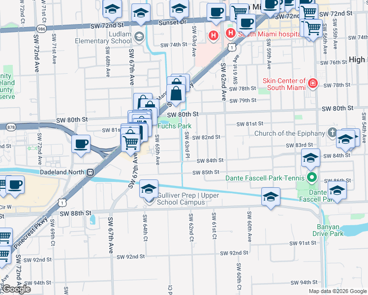 map of restaurants, bars, coffee shops, grocery stores, and more near 8310 Southwest 63rd Place in Miami