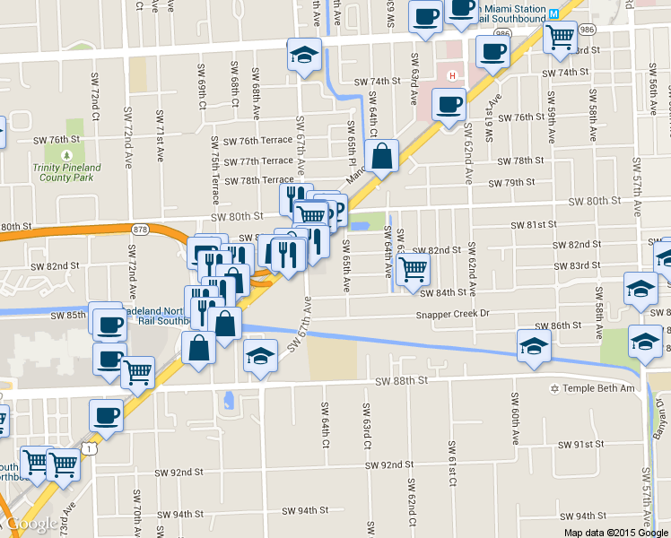 map of restaurants, bars, coffee shops, grocery stores, and more near 8360 Southwest 65th Avenue in Miami