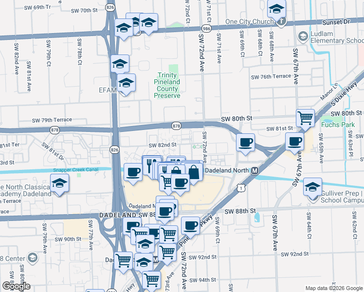 map of restaurants, bars, coffee shops, grocery stores, and more near 7324 Southwest 82nd Street in Miami