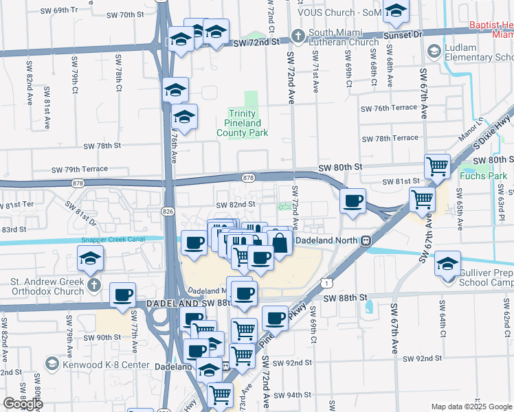 map of restaurants, bars, coffee shops, grocery stores, and more near 7324 Southwest 82nd Street in Miami