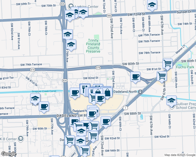 map of restaurants, bars, coffee shops, grocery stores, and more near 7324 Southwest 82nd Street in Miami
