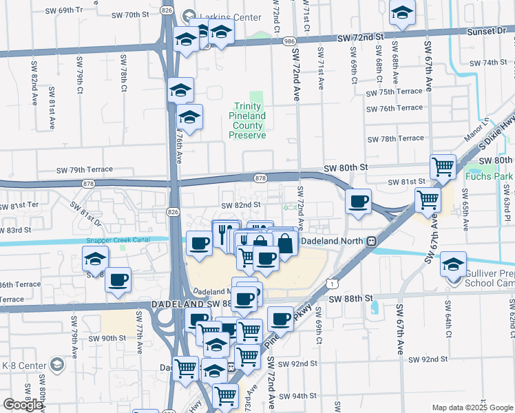 map of restaurants, bars, coffee shops, grocery stores, and more near 7324 Southwest 82nd Street in Miami