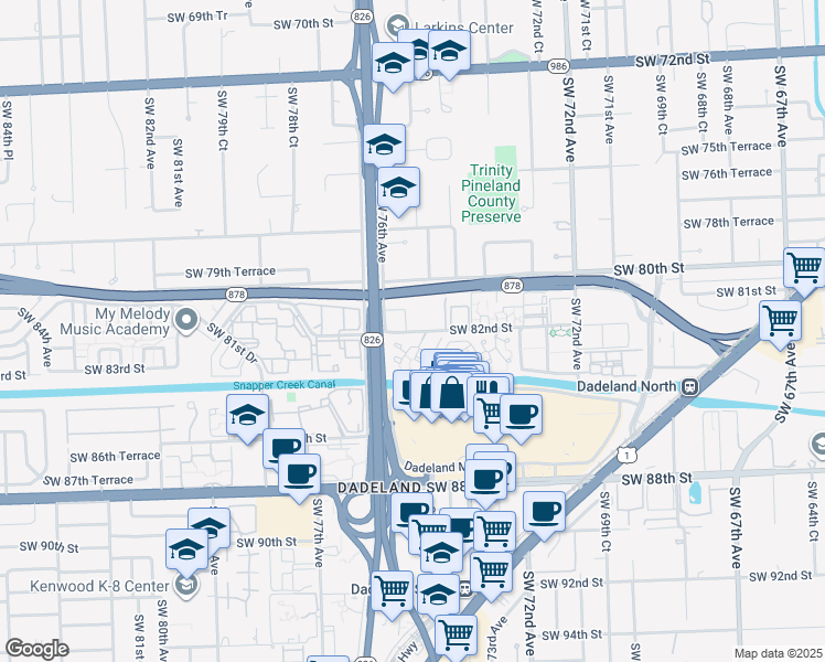map of restaurants, bars, coffee shops, grocery stores, and more near 7590 Southwest 82nd Street in Miami