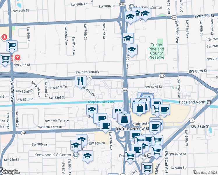 map of restaurants, bars, coffee shops, grocery stores, and more near Southwest 82nd Street in Miami
