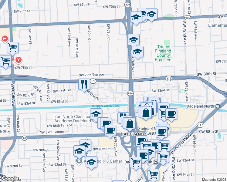 map of restaurants, bars, coffee shops, grocery stores, and more near Southwest 82nd Street in Miami