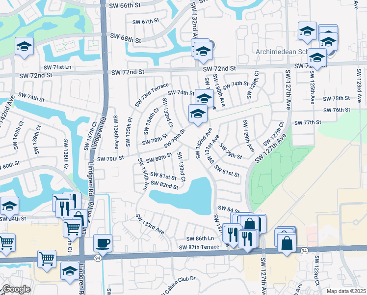 map of restaurants, bars, coffee shops, grocery stores, and more near 8050 Southwest 132nd Court in Miami