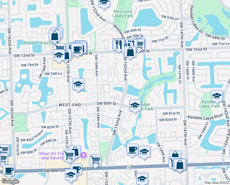 map of restaurants, bars, coffee shops, grocery stores, and more near 7699 Southwest 153rd Court in Miami