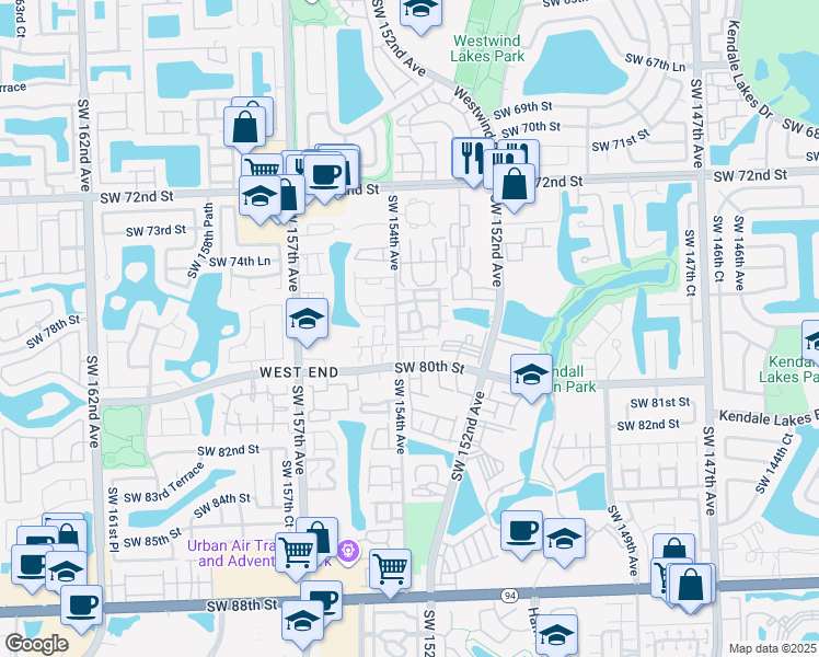 map of restaurants, bars, coffee shops, grocery stores, and more near 15385 Southwest 79th Terrace in Miami