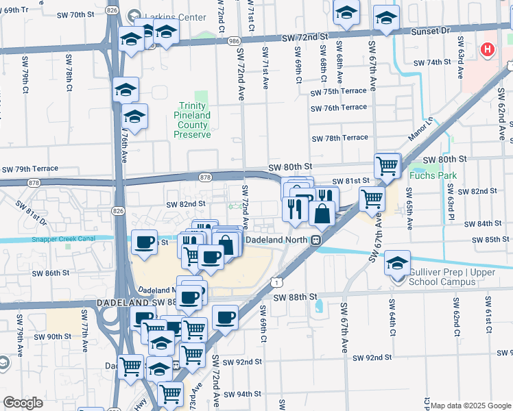 map of restaurants, bars, coffee shops, grocery stores, and more near 8215 Southwest 72nd Avenue in Miami