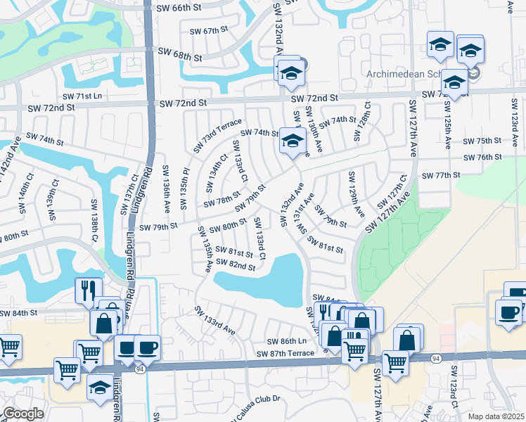 map of restaurants, bars, coffee shops, grocery stores, and more near 8050 Southwest 132nd Court in Miami