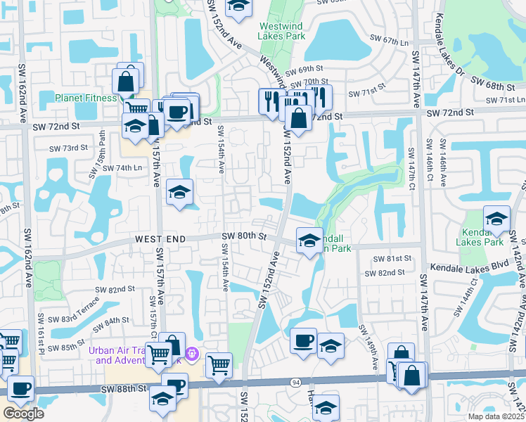 map of restaurants, bars, coffee shops, grocery stores, and more near 7699 Southwest 153rd Court in Miami