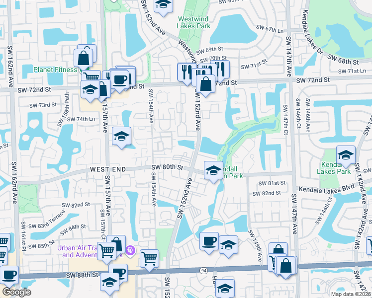map of restaurants, bars, coffee shops, grocery stores, and more near 15221 Southwest 80th Street in Miami