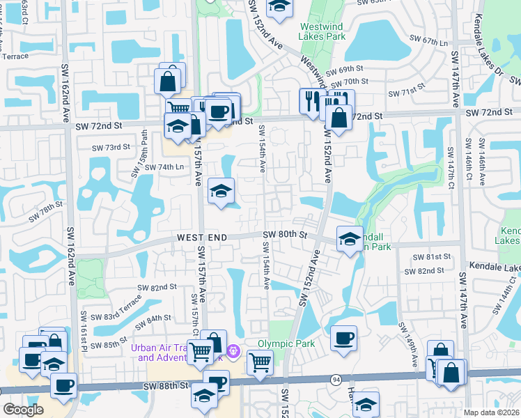 map of restaurants, bars, coffee shops, grocery stores, and more near 15385 Southwest 79th Terrace in Miami