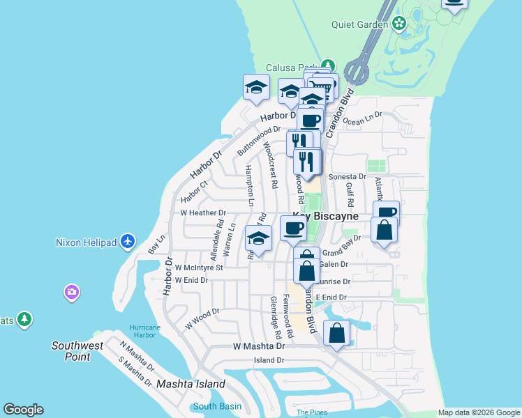 map of restaurants, bars, coffee shops, grocery stores, and more near 380 Ridgewood Road in Key Biscayne