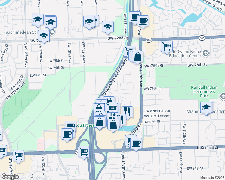 map of restaurants, bars, coffee shops, grocery stores, and more near 12002 Southwest 79th Lane in Miami