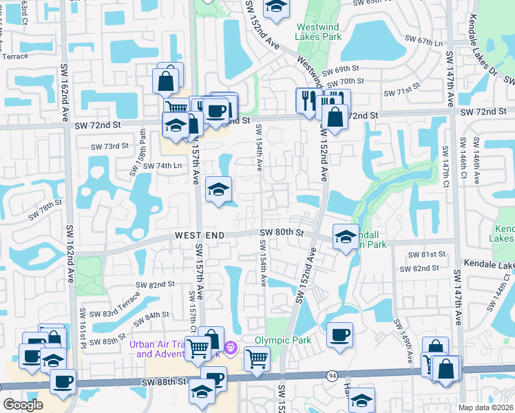 map of restaurants, bars, coffee shops, grocery stores, and more near 15385 Southwest 79th Terrace in Miami
