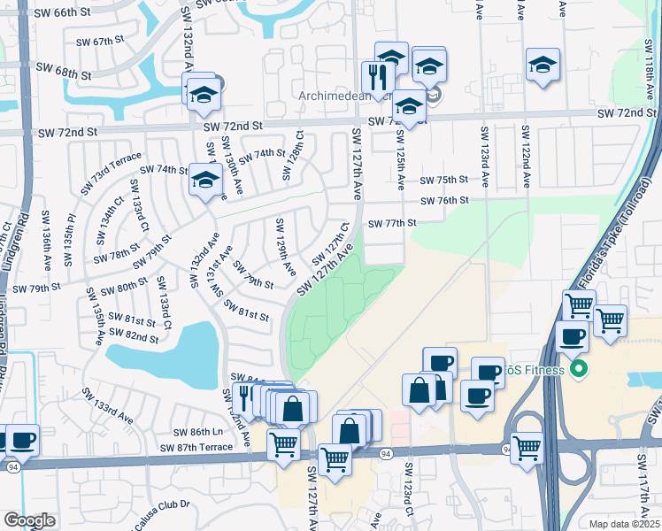 map of restaurants, bars, coffee shops, grocery stores, and more near Southwest 127th Avenue in Miami