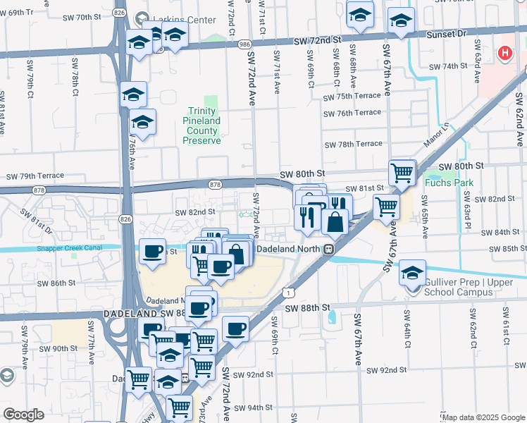 map of restaurants, bars, coffee shops, grocery stores, and more near 8400 South Dixie Highway in Miami