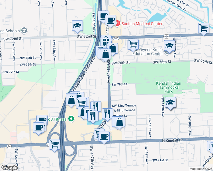 map of restaurants, bars, coffee shops, grocery stores, and more near 8000 Southwest 117th Avenue in Kendall