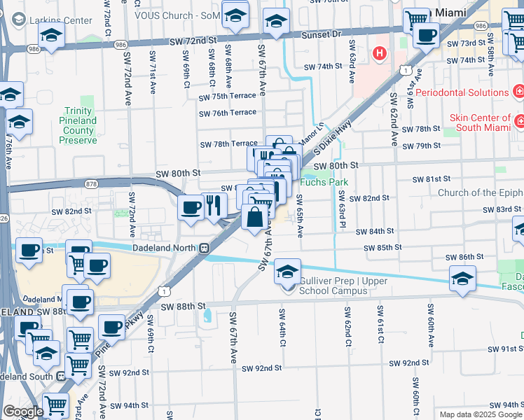 map of restaurants, bars, coffee shops, grocery stores, and more near 8385 Ludlam Road in Miami