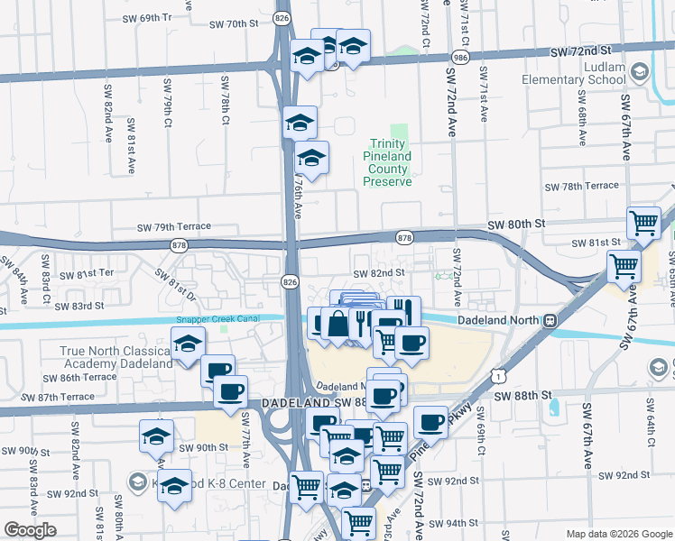 map of restaurants, bars, coffee shops, grocery stores, and more near 7520 Southwest 82nd Street in Miami
