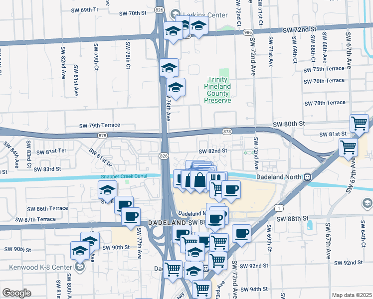 map of restaurants, bars, coffee shops, grocery stores, and more near 7590 Southwest 82nd Street in Miami