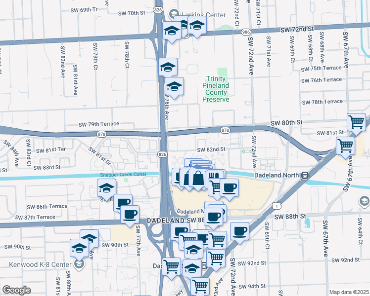 map of restaurants, bars, coffee shops, grocery stores, and more near 7590 Southwest 82nd Street in Miami