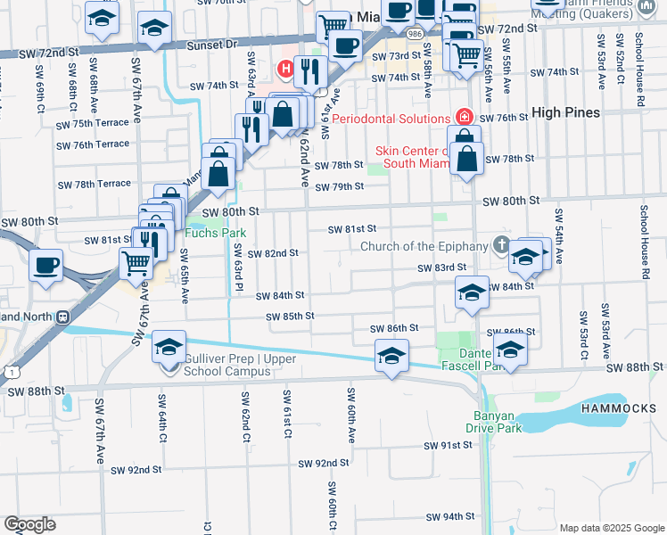 map of restaurants, bars, coffee shops, grocery stores, and more near 8360 Southwest 61st Avenue in South Miami