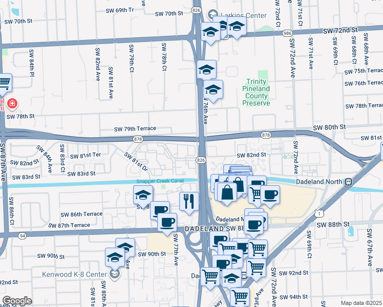 map of restaurants, bars, coffee shops, grocery stores, and more near 7700 Camino Real in Miami