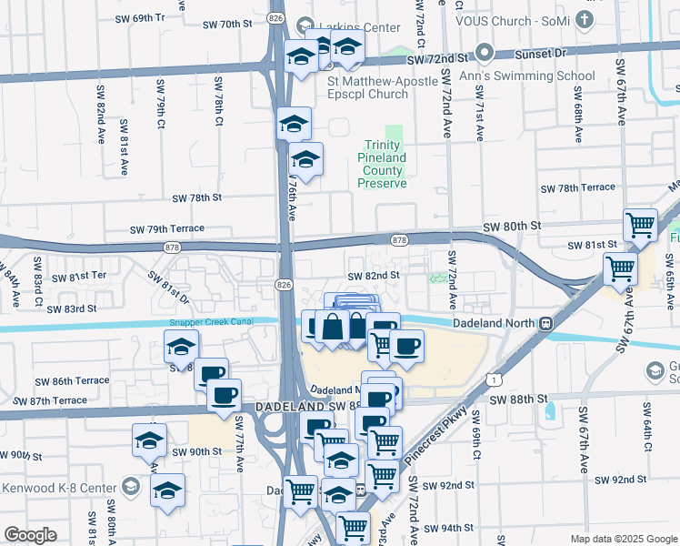 map of restaurants, bars, coffee shops, grocery stores, and more near 7520 Southwest 82nd Street in Miami