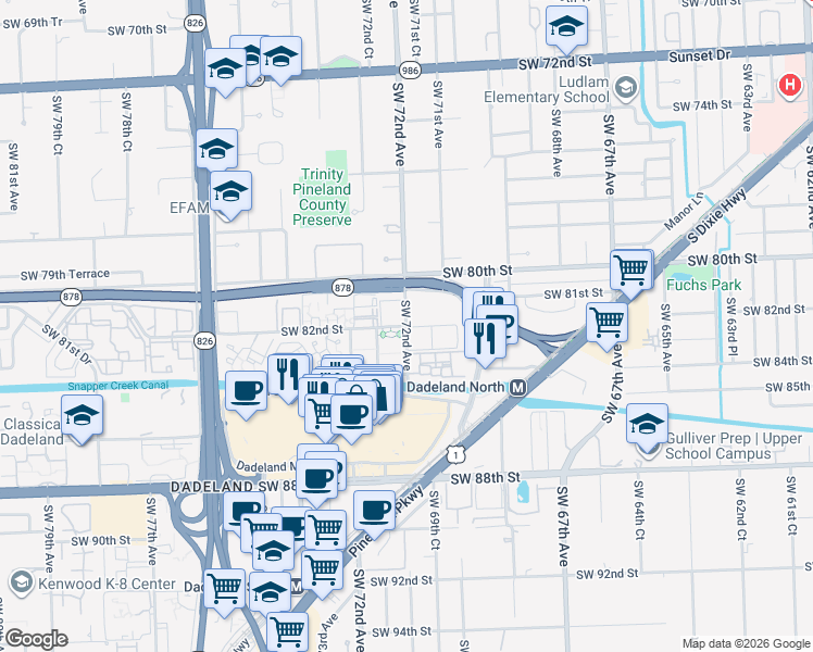 map of restaurants, bars, coffee shops, grocery stores, and more near 8123 Southwest 72nd Avenue in Miami