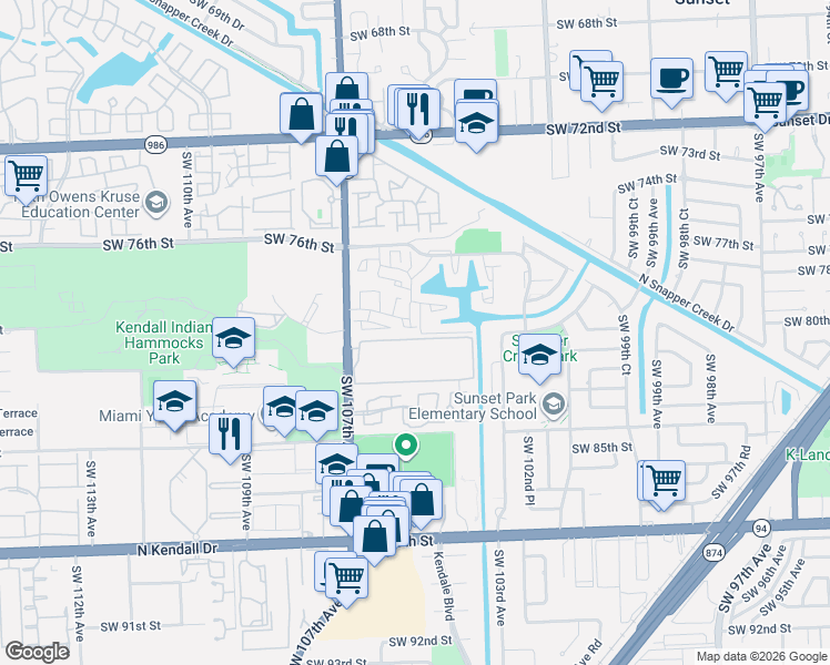 map of restaurants, bars, coffee shops, grocery stores, and more near 8015 Southwest 107th Avenue in Miami